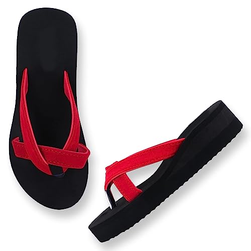 Image of Duosoft Doctor Walk Women's Platform Flip Flops, Black Cross Strap Sandals, Casual Comfort Wedge Slides (Red, UK Footwear Size System, Adult, Women, Numeric, Medium, 8)