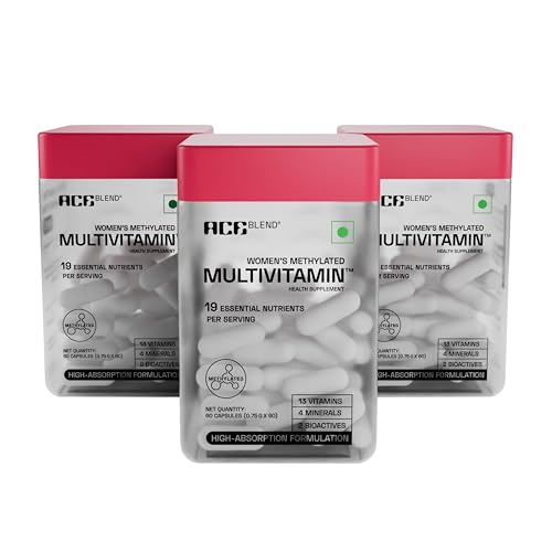 Image of Ace Blend Multivitamin Capsules for Women | Pack of 180 | With Iron & Methylated Multivitamin | 19 Essential Nutrients with Quatrefolic, MenaQ7 K2 & Vitashine D3 | Supports Hormonal Balance & Immunity