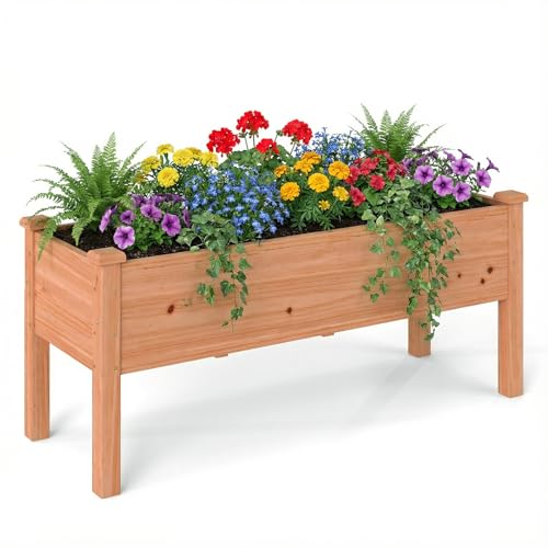 GOPLUS Huerto Urbano de Madera de Abeto, Cama Elevada con 5 Agujeros de Drenaje, Jardinera para Flores Verduras, Maceta para Cultivo, Capacidad de 100 kg, 120 x 43,5 x 51 cm (Naranja)