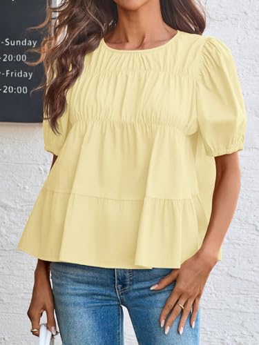 Image of Tankaneo Womens Puff Sleeve Peplum Babydoll Tops Summer Flowy Pleated Cotton T-Shirts Casual Loose Fit Cute Blouse
