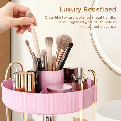 Image of 360 Rotating Makeup Organizer, Upgraded 3 Tier Skincare Perfume Organizers for Women, Bathroom Organizer Countertop, Clear Cosmetic Dresser Organizer with Makeup Brush Holder, Sink&Counter(Pink)