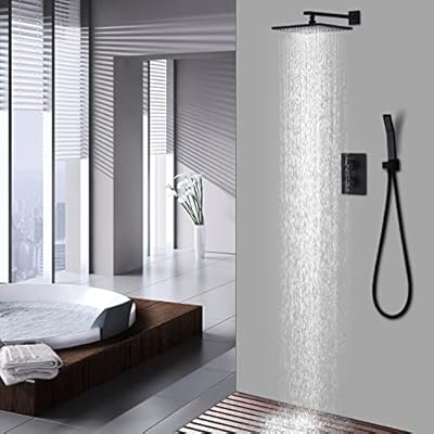 Cascada Thermostatic 10 Inch square Shower System with dual handle, 2-Mode Functions (Rainfall, Hand Shower) (Brushed Gold)