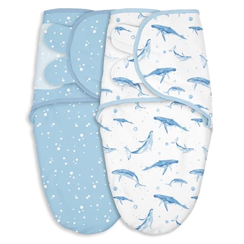 CIVARUA KIDS Baby Swaddles for Newborn Organic Cotton,Soft & Snug Newborn Velcro Swaddle 0-3 Months Sleep Sack Helps Calm Startle Reflex, 2-Pack Wrap Nursery Swaddling Blankets Whale