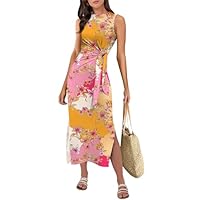 ANRABESS Womens Summer Casual Sleeveless T Shirt Midi Dress Slim Fit Tie Waist Split Tank Long Dresses 2025 Vacation Sundress Pink Yellow Floral X-Large