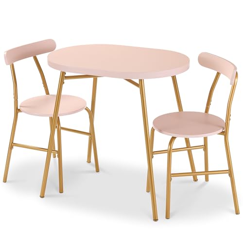 Best Choice Products 3-Piece Oval Dining Table Set,Modern Small Kitchen Dinette w/ 2 Chairs, Metal Frame, Curved Backrests - Pink/Gold