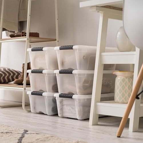 Image of IRIS USA 13 QT Plastic Storage Box with Lid and Latches - 6 Pack - BPA-Free, Discreet Organizing Solution, Durable Nestable Stackable Containers, Secure Pull Handle - Pearl