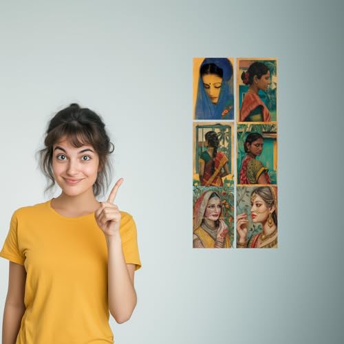 Image of SiddArtify Set of 6 Indian Women Art Prints - Portrait Paintings - Warm Color Palette - Set of 2-4x6 Inch - Board (Pack of 6) - Sticker (Pack of 6) Wall Room Decoration art Poster Prints
