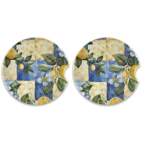 SKYSHU Juego de 2 posavasos redondos de limón a cuadros para bebidas, soporte de taza de cerámica absorbente con base de corcho y agarre para la punta de los dedos para una fácil limpieza en