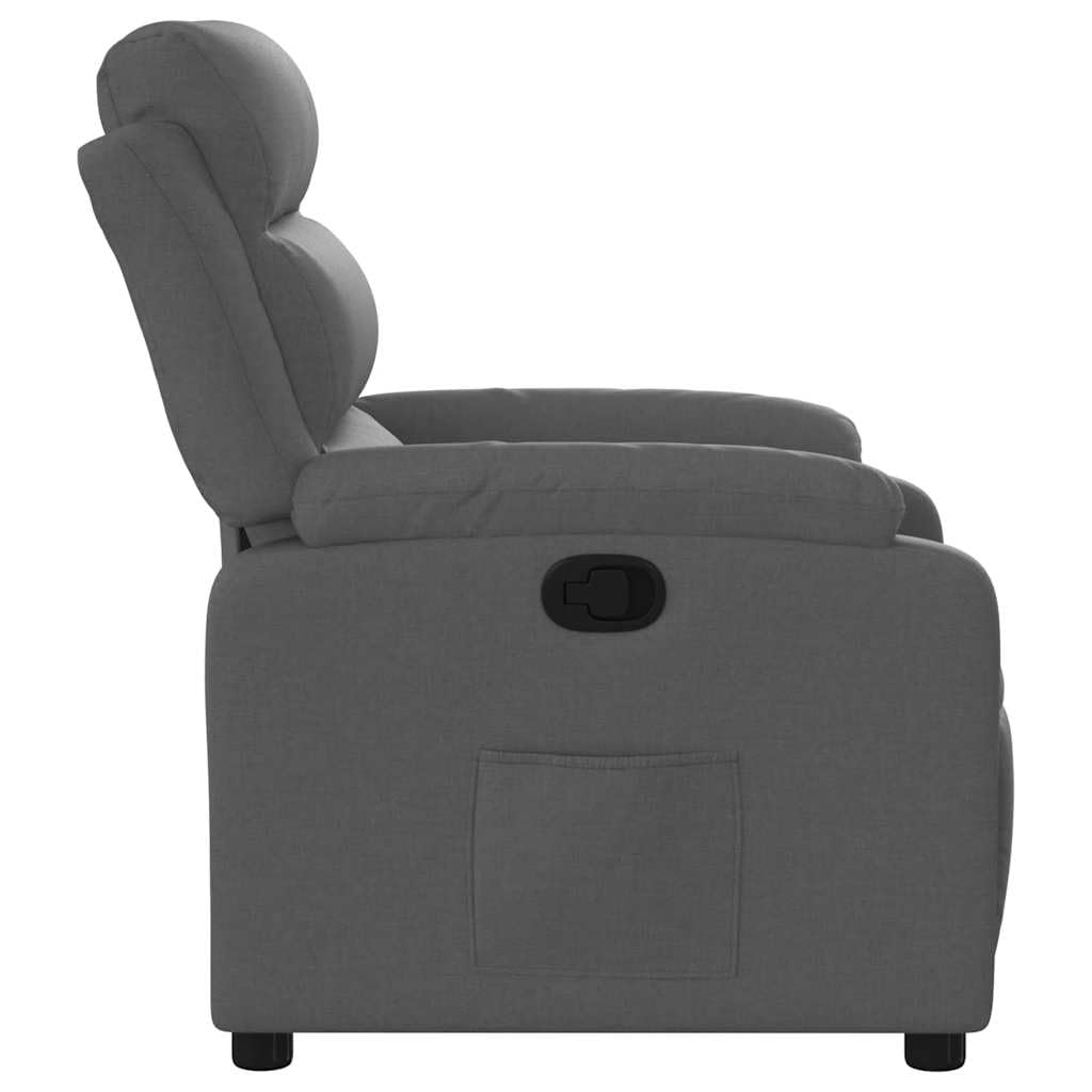 Fotel relaksacyjny, ciemnoszary, materiał z ręczną funkcją leżenia, ergonomiczny, regulowany, wygodny fotel tapicerowany z podłokietnikami i oparciem, do salonu, kącika do czytania, biura
