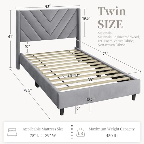 Image of Yaheetech Twin Bed Frame Upholstered Platform Bed with Wing Side /Wooden Slat Support /Tufted Headboard with Wing Side /Mattress Foundation /No Box Spring Needed,Light Gray Twin Bed