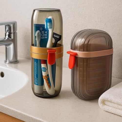 Image of Wall Mounted Soap Box with Flip Cover and Drain Tray | Detachable Inner Support | Adhesive Sticker Installation | ABS Soap Holder for Bathroom (Travel soap Combo-Brown)