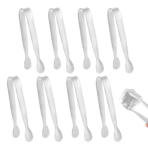 8pcs Mini Metal Tongs, 4.3 Inch Stainless Steel Small Little Camping Kitchen Appetizer Tiny Tongs for Serving Food Ice Cubes Sweet Sugar Cubes Buffet Tea Party Coffee Bar (Silver)