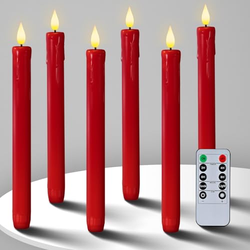 Image of Homemory 6 Pcs Flameless Taper Candles with Remote Timer Dimmer, Red Battery Operated Candlesticks Flickering, Plastic Led Taper Candles Realistic, 9.6 Inches for Party Holiday Celebrations Christmas
