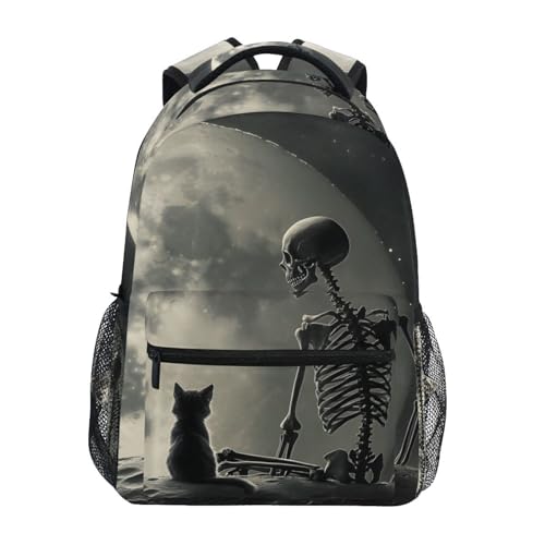Kids Travel Backpack Vintage Cat and Skull Print for Boys Girls, Large Capacity Bookbag for Elementary High School Students M