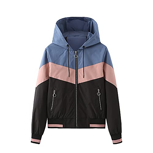 Women's Color Block Waterproof Raincoat Outdoor Hooded Zip Up Rain Jacket Windbreaker