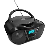 Tragbarer CD-Player Boombox mit FM-Radio, Bluetooth-Lautsprecher, AC/Batteriebetrieben, unterstützt CD/CD-R/RW/USB/BT/AUX, LCD-Display, Kopfhöreranschluss, Geschenke für Eltern (Schwarz)