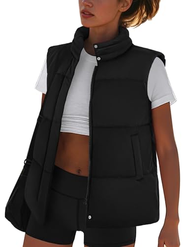 Zeagoo Puffer Vest Women Fall Winter Zip Up Quilted Outerwear Sleeveless Stand Collar Jackets with Hand Pockets Black L