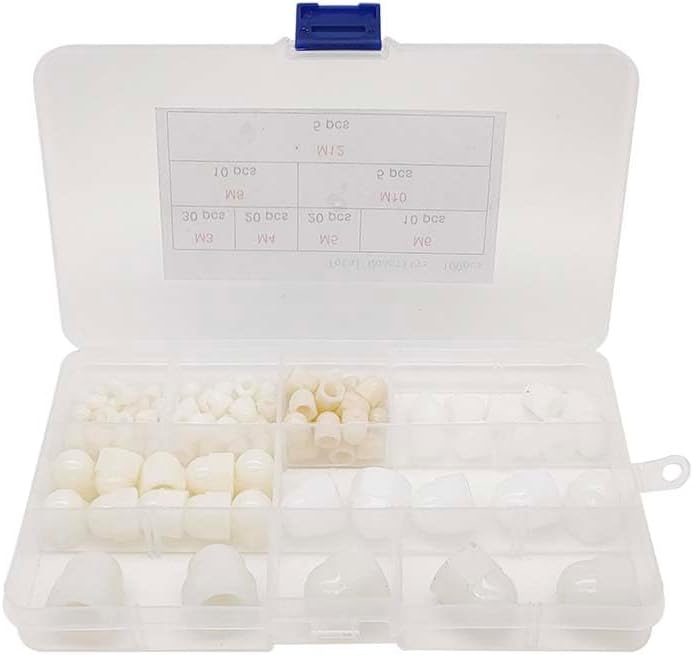 100Pcs Hex Acorn Cap Nuts Assortment Kit M3 M4 M5 M6 M8 M10 M12 Nylon Female Thread Bolt Cover Cap Dome Nuts for Protection - (Color: White)