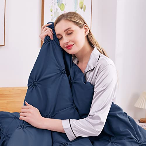 JOLLYVOGUE Navy Blue/Gray Twin Size Comforter Sets 5 Pieces, Pintuck Bed in a Bag Comforter Set for Bedroom, Bedding Comforter Sets with Comforter, Sheets,Ruffled Shams & Pillowcases