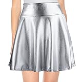 Damen Glänzend Metallisch Mini Skater Rock Plissee Aufgeflammt Damen A Linien Rock für Mädchen Cosplay Kostüm (Silber, L)