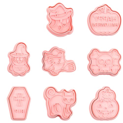 Halloween Cookie Cutter Set, GLADFRESIT 8Pcs Plastic Biscuit Cutters, Pumpkin, Ghost, Tombstone, Skull, Owl, Witch, Cat Baking Mold for DIY Cake Decoration