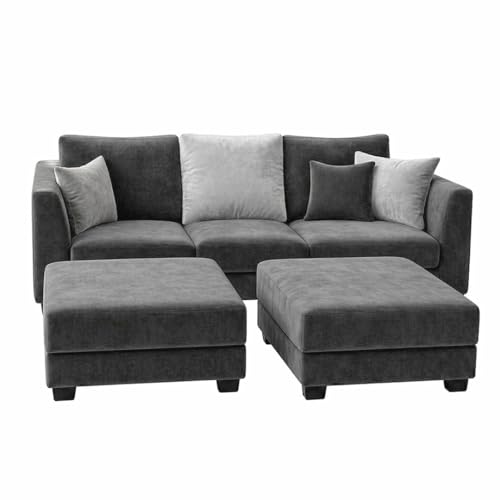 Image of SOCOZI Evanto 5 Seater L Shape Sofa Set with 2 Movable Ottomans | Flexible Layout| Soft Velvet Suede Fabric|Modern Sofa | Plush Comfort Cushions for Living Room (Dark Gray-Light Gray)