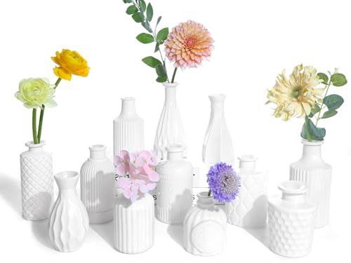 UPBUD White Glass Bud Vases Set of 12 Small Vases for Flowers Mini Flower Vases in Bulk for Wedding Decoration Vintage Vase for Baby Shower Centerpieces Home Dcor