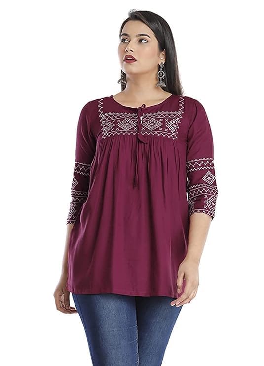 Image of Avayayat Women's Rayon Classic Heavy Embroidery Top with Beautifull Tassels at Front and on Both Sleeves Regular Fit Office Wear Festival Tunic Jeans Summer