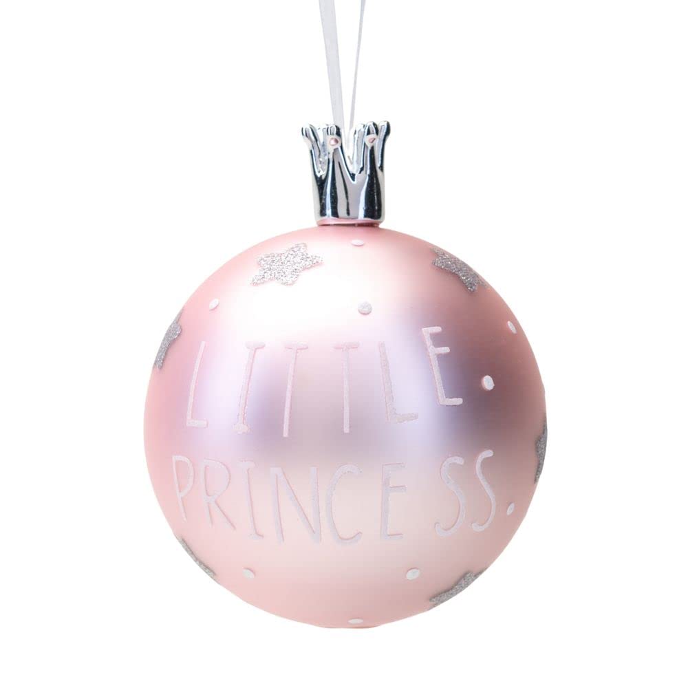 Widdop And Co Pink & Silver Matt Glitter Glass Bauble With Crown Topper Christmas Tree Decoration - Little Princess