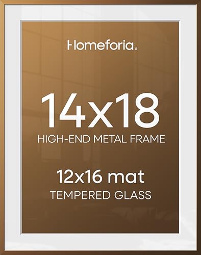 Image of Homeforia 14x18 Picture Frame Bronze, High End Metal 14x18 Brass Poster Frames with Mat 12x16 Photo, 14 x 18 Frame Matted to 12 by 16 inch Print, 18by14 Thin Frames, Tempered Glass, Wall Kit, Set of 1
