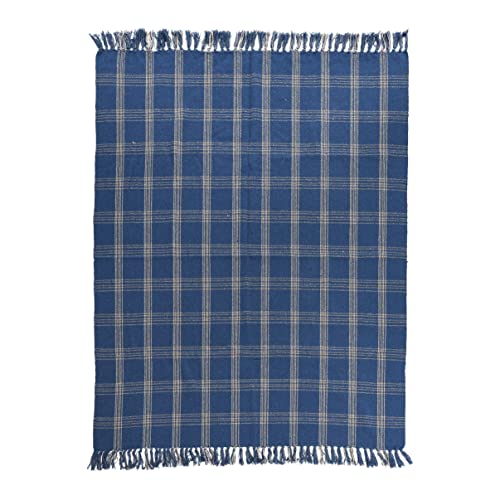 Image of Creative Co-Op Recycled Cotton Blend Throw Blanket with Fringe, Blue Plaid (Pack of 4)