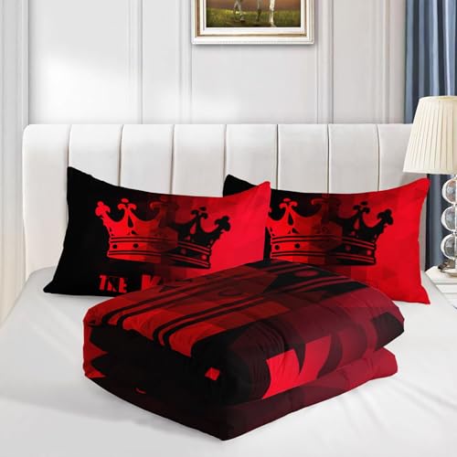 Image of Crown Comforter Set Black and Red Gradient Art Printed Bedding Set with 1 Comforter and 2 Pillowcases for Boys and Girls Bedroom All Season(Crown-2 Queen)