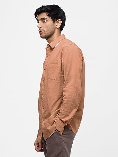 Image of The Souled Store Cotton Linen: Coral Peach Men and Boys Collared Neck Long Sleeves Cotton Solid Regular Fit Everyday Office Wear Trendy Comfortable Summer Ready Cotton Linen Shirts