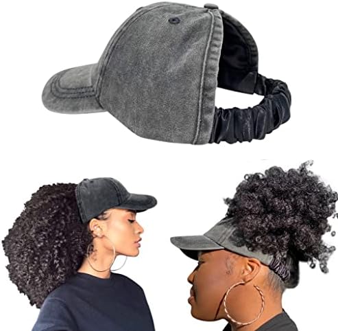 CurlCap Natural Hair Backless Cap – Satin Lined Baseball Hat for Women (Black Denim)