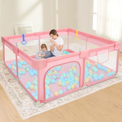 Image of Dripex Baby Playpen, 52"×52" Play Pens for Babies and Toddlers, Safe Anti-Fall Play Yard with Gates, Baby Fence with Breathable Mesh, Indoor & Outdoor Kids Activity Center, Princess Pink