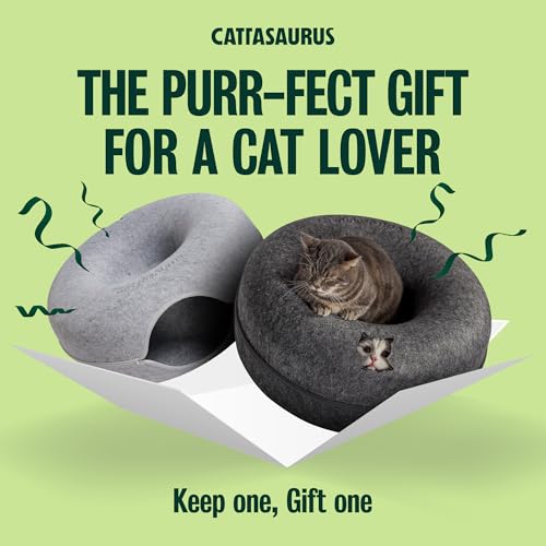 Image of Cattasaurus Peekaboo Cat Cave Donut for Multiple & Large Cats up to 30-45 lbs, 3-in-1 Self Warming Cat Bed, Tunnel & Scratcher for Indoor Cats, Washable & Detachable (Light Gray + Dark Gray, Large)
