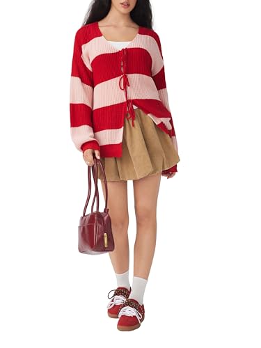 CIDER Cardigan Sweater for Women Tie Front Striped Long Sleeve V Neck Cute Y2k Fall Trendy Outfits4