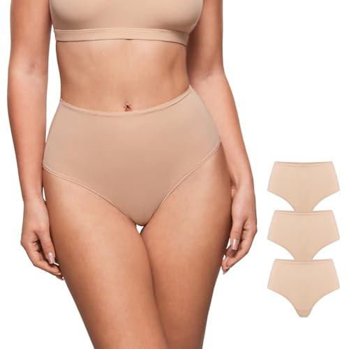 Image of INLYRIC Women's Inbarely Soft Thong - High Waisted Tagless Smooth Stretch Underwear Ultra-soft No Show Panties 3 Pack