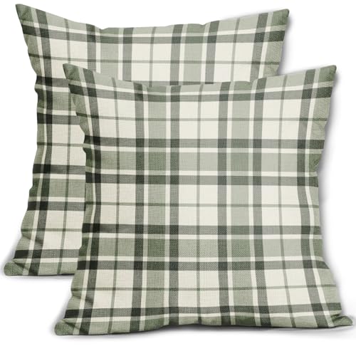 Aytipun Lot de 2 housses de coussin décoratives à carreaux vert sauge, 40,6 x 40,6 cm, imprimé tartan écossais gris, crème, décoration pour extérieur,...