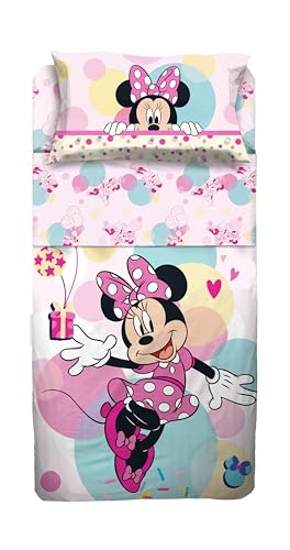 Zestaw pościeli na pojedyncze łóżko Minnie, 100% bawełna, komplet pościeli, prześcieradło wierzchnie z rybką + prześcieradło z gumką + poszewka na poduszkę