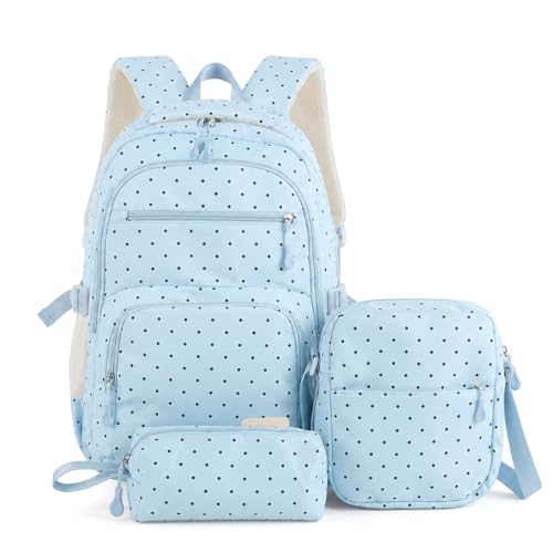 Image of PALAY School Bag for Girls Blue Polka Dot Backpack with Crossbody Bag & Pencil Pouch Large Oxford Cloth Bookbag Water-resistant Multi-compartments Daypack for Primary, Elementary, Middle School