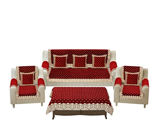 Image of Premium 5 Seater Printed Velvet Sofa Cover Set With Arm Covers & Cushion + Table Cover,3,1,1 Seater 16 Pieces Sofa Back Slip Panels,Premium Stylish Slip Cover Protector,Maroon (Pack Of 18)