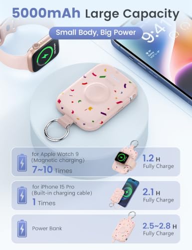Image of RORRY CharmGo Portable Charger, 5000mAh Portable Charger Power Bank | Built-in Cables,Travel Keychain Battery Pack Essentions for Apple Watch 1~11 Series /Ultra /SE & iPhone Air /17 /16 /15 /14 /13 /12