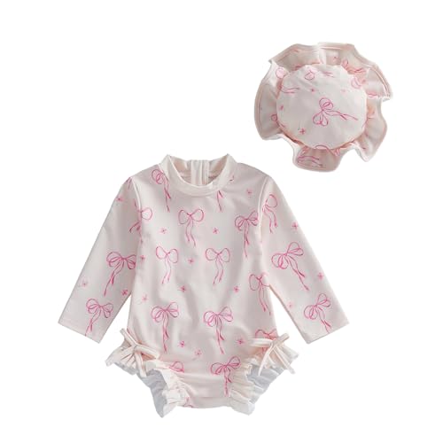 Image of Toddler Baby Girl One Piece Swimsuit with Sun Hat Rash Guard Zipper Ruffle Bathing Suit Infant Swimwear 2PCS