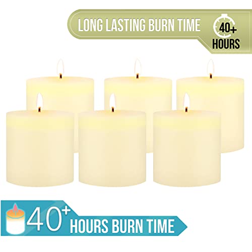 Image of Stonebriar Tall 3 x 3 Inch 40 Hour Long Burning Unscented Wax Flat Top Pillar Candles, Ivory, 6 Pack