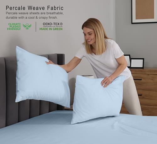 RUVANTI 100% Cotton Twin Sheets Set, 3 Pieces, Soft & Breathable Percale Weave Bedding, Deep Pocket 16", Hotel Standard, Crisp Cool Feel, Durable, Perfect Dyed Bed Sheet, Baby Blue