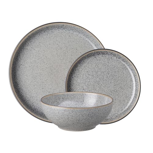 Denby - Studio Grey 12 Piece Tableware Set - Dishwasher & Microwave Safe Crockery - Soft Textured Glaze - Ceramic Stoneware - Chip & Crack Resistant - Dinner Plates, Medium Plates & Cereal Bowls