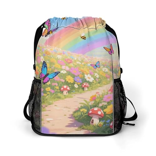 Small Gym Bag Rainbow Flower Sea Printed Drawstring Gym Bag for Men Lightweight Waterproof Drawstring Backpack for Women with Shoe Compartment for Travel Tourism Work And Fitness