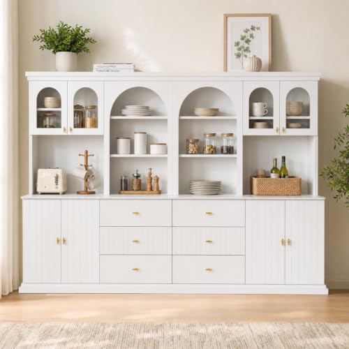 Image of ivaniti 71 inch Arched Kitchen Pantry Cabinet Set of 4, White Freestanding Storage Hutch Combination with 2 Glass-Door Coffee Bar Cabinets and 2 Three-Drawer Open Shelf Cabinets for Kitchen