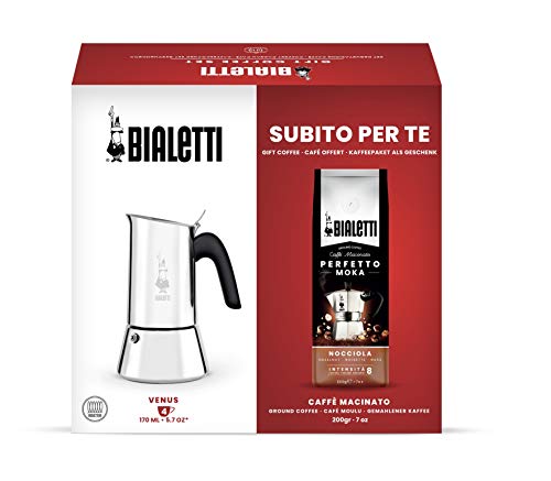 Bialetti New Venus - Cafetera de 4 tazas + café molino perfecto Moka de 200 g, sabor avellana, paquete de regalo